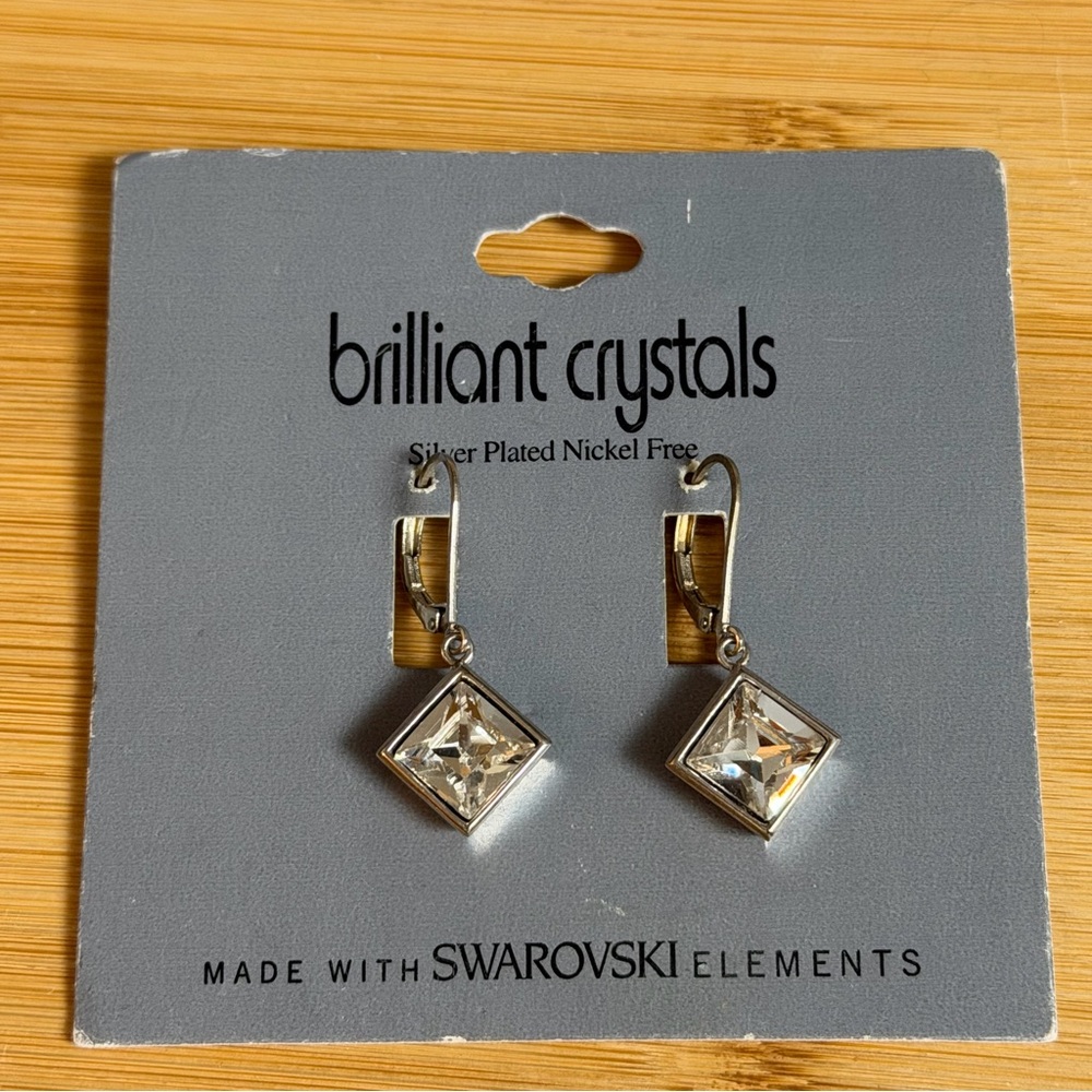 NWT Swarovski Elements Crystal Silver Plated Leverback Pierced Earrings